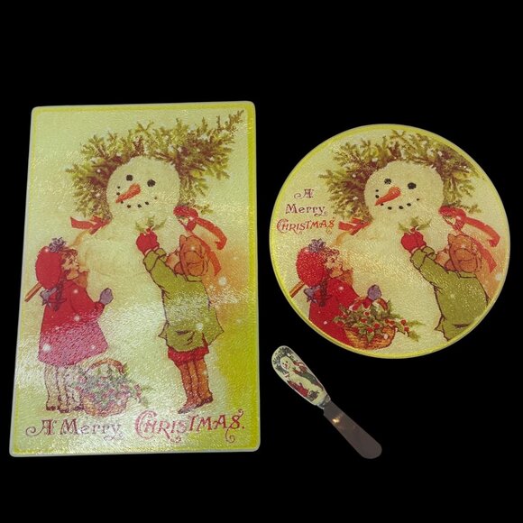 Christmas-Themed Glass Cheese Board Set with Spreader and Tray Snowman and Child - Picture 2 of 7